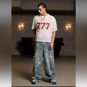 The Super Made Denim Floral Print Carpenter Wide leg High waist Jeans Unisex